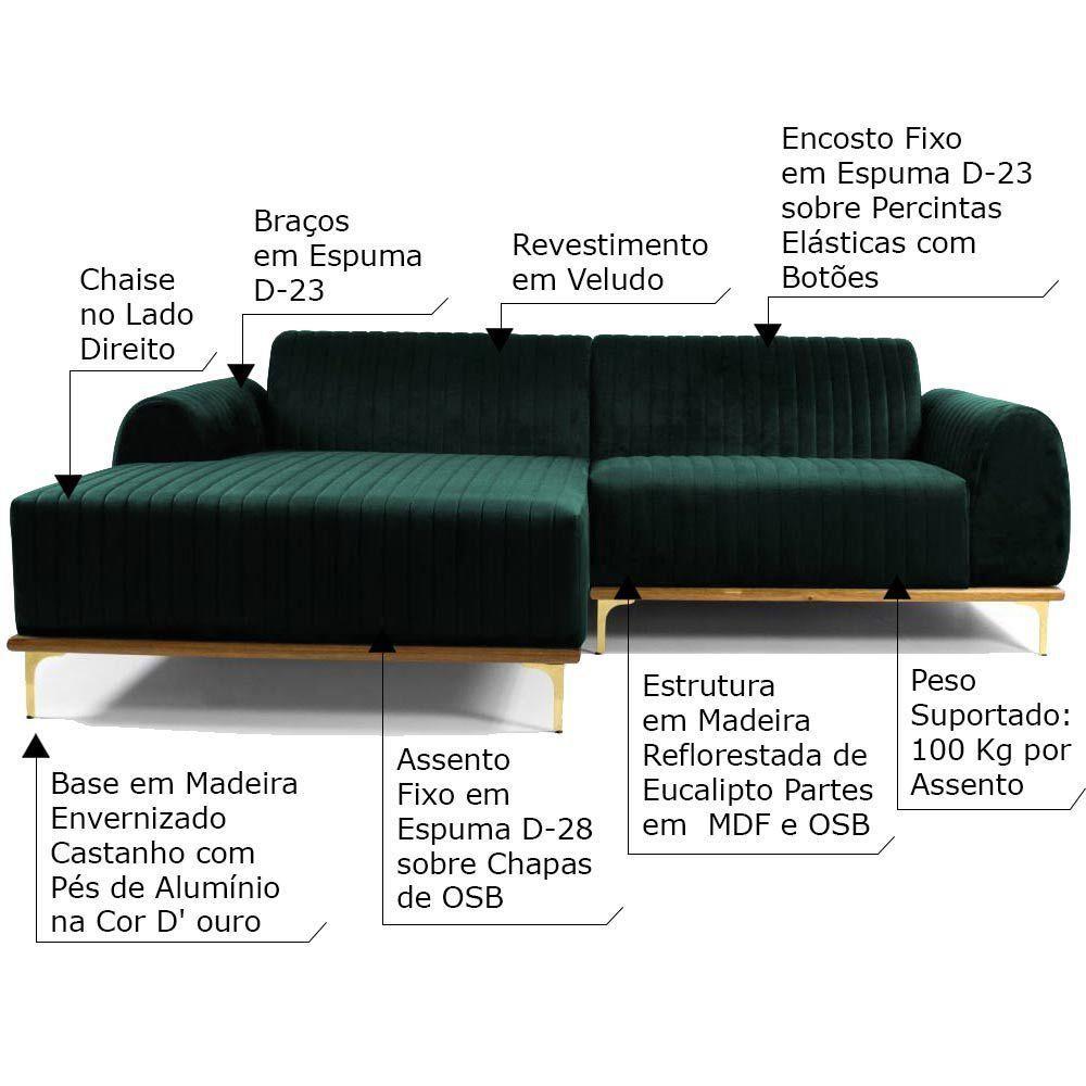 Sofá 4 Lugares com Chaise Base de Madeira Euro 265 Cm Verde - 2