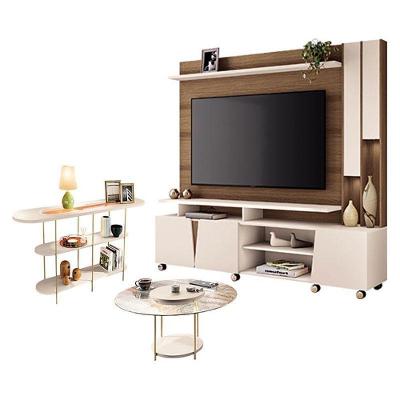 Estante Home Theater Virtus E Mesa De Centro Sky Com Tampo De Vidro E Aparador Infinity Castanho Off White - Hb Móveis