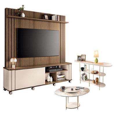 Estante Home Theater Trinus Com Mesa De Centro Sky Com Tampo De Vidro E Aparador Infinity Castanho Off White - Hb Móveis