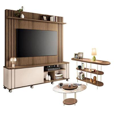 Estante Home Theater Trinus Com Mesa De Centro Sky Com Tampo De Vidro E Aparador Infinity Castanho Off White - Hb Móveis