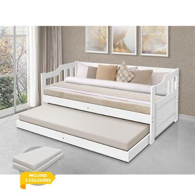 Sofá Cama Solteiro Com Cama Auxiliar Madeira Maciça + 2 Colchões Atraente - Branco - Cor: Branco