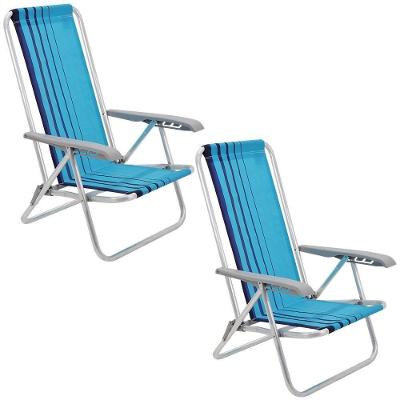 02 Cadeiras De Praia Reclinável Tramontina Bali Baixa Em Alumínio Com Assento Azul 92900102