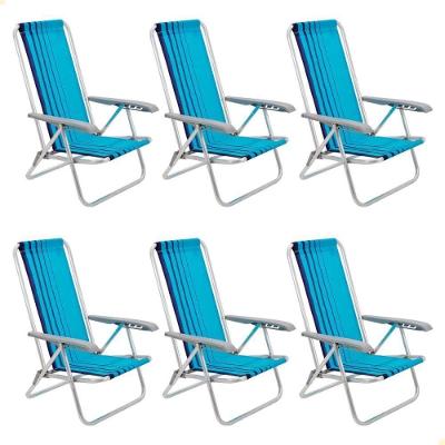 Kit 06 Cadeiras De Praia Reclinável Tramontina Bali Baixa Em Alumínio Com Assento Azul 92900102