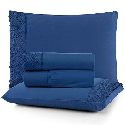 Jogo De Lençol Casal Nobless Bordado Micropercal 200 Fios Toque De Algodão 4 Peças Marinho