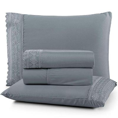 Jogo De Lençol Casal Nobless Bordado Micropercal 200 Fios Toque De Algodão 4 Peças Cinza