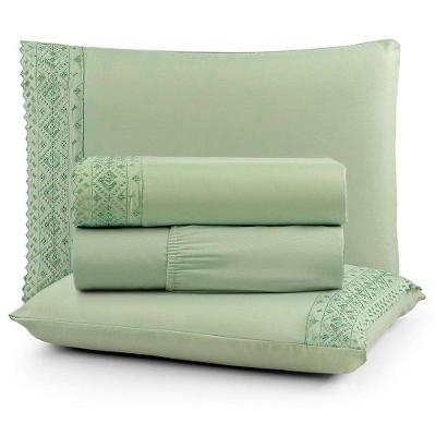 Jogo De Lençol Casal Nobless Bordado Micropercal 200 Fios Toque De Algodão 4 Peças Verde