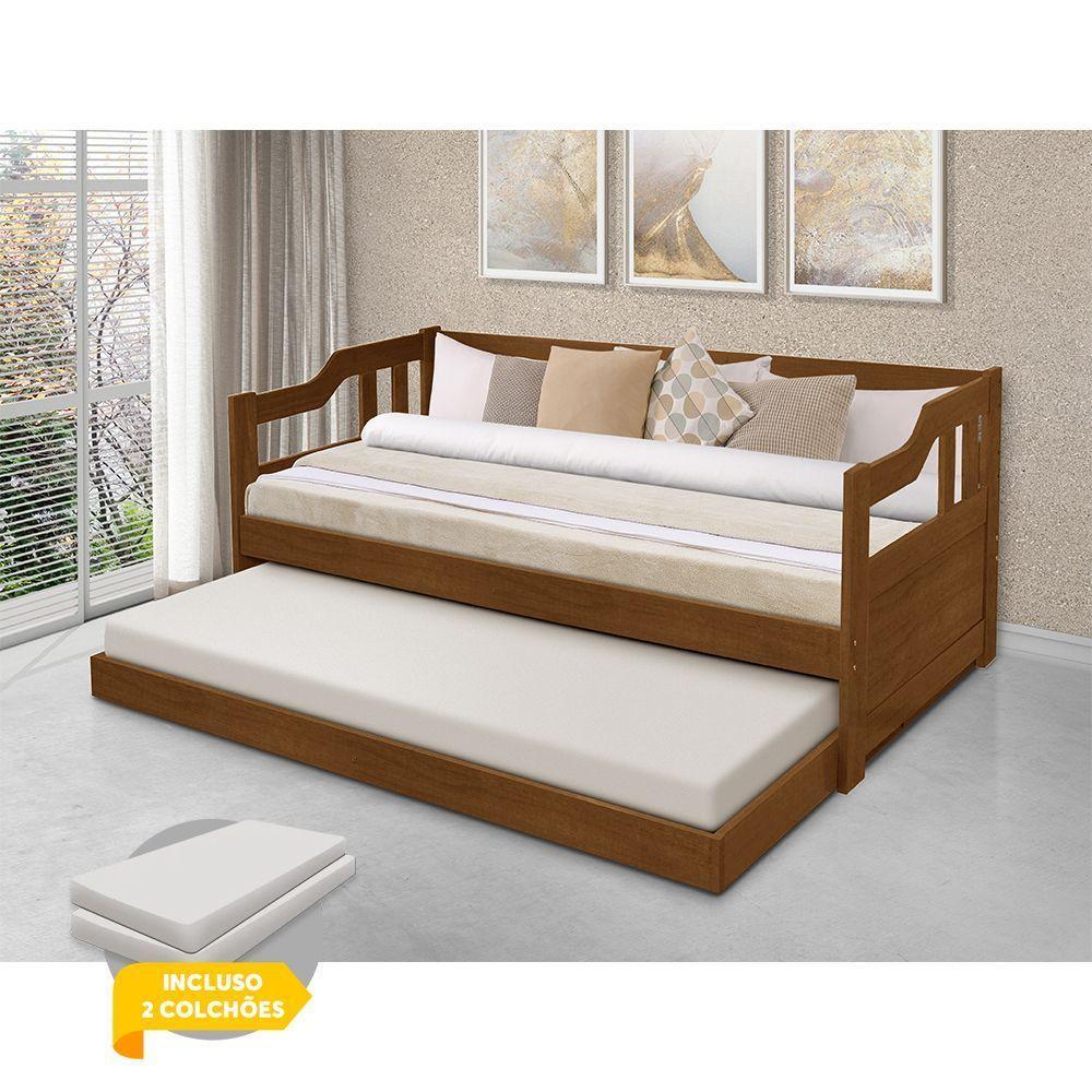 Sofá Cama Solteiro Com Cama Auxiliar Madeira Maciça + 2 Colchões Atraente - Castanho - Cor: Marrom - 1