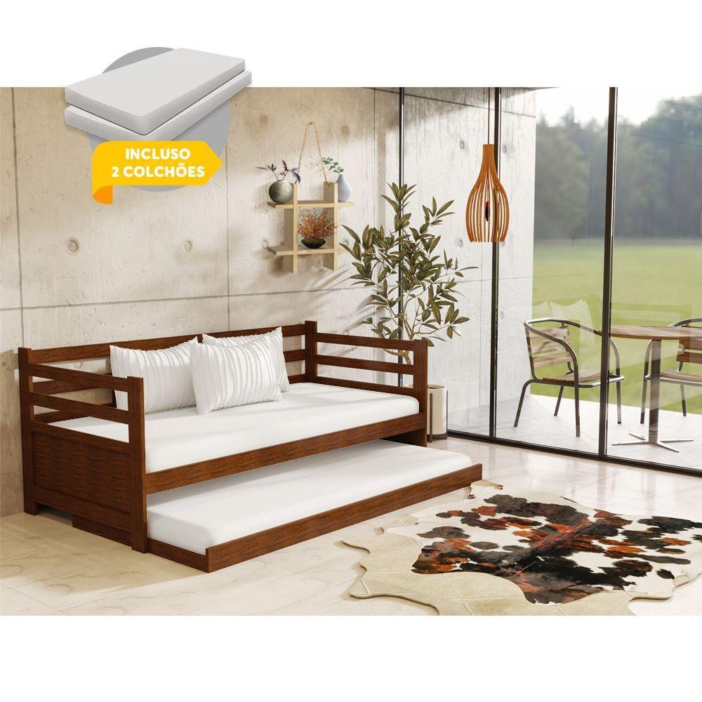 Sofá Cama Rústico Madeira Maciça Enjoy Com Auxiliar E 2 Colchões - Castanho - Cor: Marrom - 1