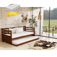 Sofá Cama Rústico Madeira Maciça Enjoy Com Auxiliar E 2 Colchões - Castanho - Cor: Marrom - 1