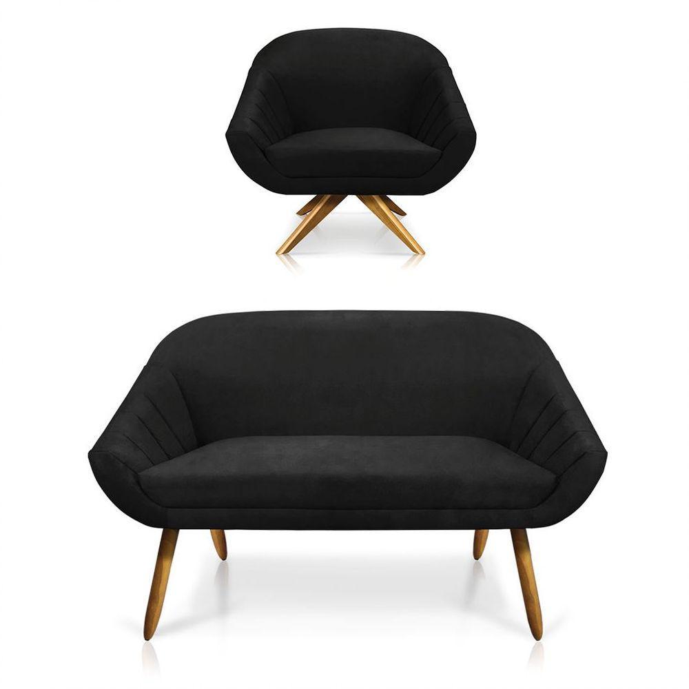 Kit 01 Namoradeira 02 Lugares E 01 Poltrona Giovana Suede Preto - 1