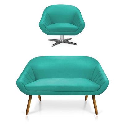 Kit 01 Namoradeira 02 Lugares 01 Poltrona Giratória Giovana Suede Azul Turquesa Base Cromada D'rossi