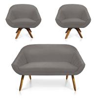 Kit 01 Namoradeira 02 Lugares E 02 Poltronas Giratória Giovana Suede Base Madeira Mm30 - D'rossi Grafite - 1