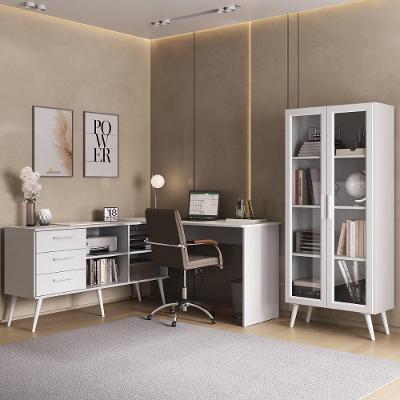 Kit 2 Peças Escrivaninha Em L Com 3 Gavetas E Armário Multiuso Com Vidro Glass Multimóveis Mp6049 Branco