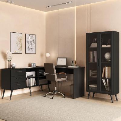 Kit 2 Peças Escrivaninha Em L Com 3 Gavetas E Armário Multiuso Com Vidro Glass Multimóveis Mp6049 Preto