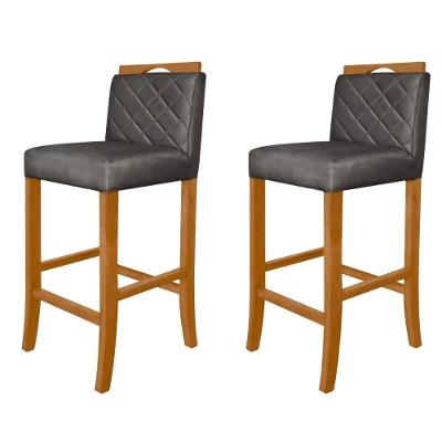 Kit 2 Banquetas Altas Madeira Estofadas Com Encosto Multimóveis Cr15019 Madeirado-Cinza