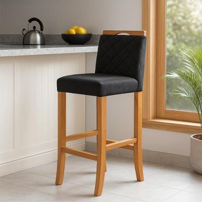 Banqueta Alta Para Cozinha De Madeira Maciça Estofada Com Encosto Multimóveis Cr15018 Madeirado-Preto