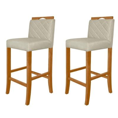 Kit 2 Banquetas Altas Madeira Estofadas Com Encosto Multimóveis Cr15019 Madeirado-Bege
