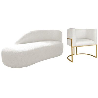 Kit Divã Luna 140cm Lado Esquerdo E 01 Poltrona Base De Ferro Dourado Bouclé Branco