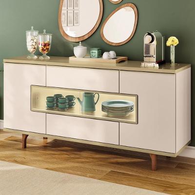 Buffet Aparador 160cm Com Led 3 Portas Murano Off/champanhe - Hb Móveis