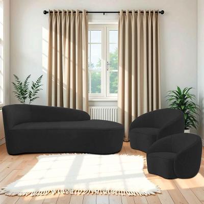 Kit Divã Recamier Orgânico França 140cm Lado Direito E 2 Poltronas Amore Bouclé Preto