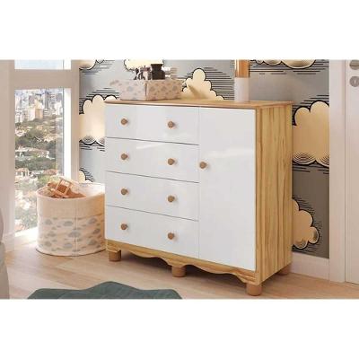 Cômoda Infantil Junior 4 Gavetas MDF Puxadores Branco Amêndoa 1 Porta