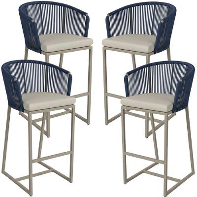 04 Banquetas Noronha Em Alumínio E Corda Náutica Trama Azul Marinho