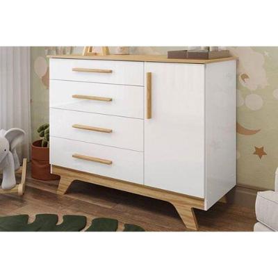 Cômoda Infantil Quarto Retrô 4 Gavetas MDF Puxador Madeira Branco