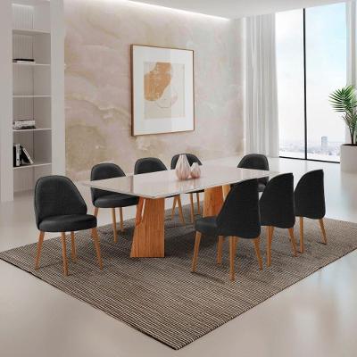 Mesa Florida Tampo Laqueado Com Vidro E 8 Cadeiras Suiça Linho Preto/laq Off/cinam. Imbuia
