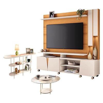 Estante Home Theater Virtus E Mesa De Centro Sky Com Tampo De Vidro E Aparador Infinity Cinamomo Off White - Hb Móveis