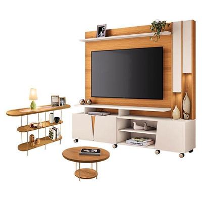 Estante Home Theater Virtus Cinamomo Off White Com Mesa De Centro Sky E Aparador Infinity Cinamomo - Hb Móveis