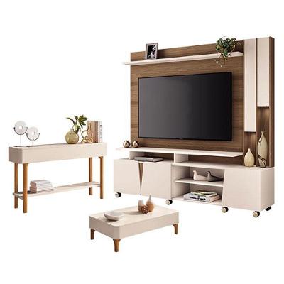 Estante Home Theater Virtus Castanho Off White Com Mesa De Centro Liz E Aparador Fiero Off White - Hb Móveis