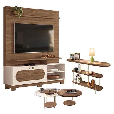 Estante Home Theater Axis Castanho Off White Com Kit Mesa De Centro Sky E Aparador Infinity Castanho - Hb Móveis