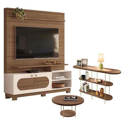 Estante Home Theater Axis Castanho Off White Com Mesa De Centro Sky E Aparador Infinity Castanho - Hb Móveis