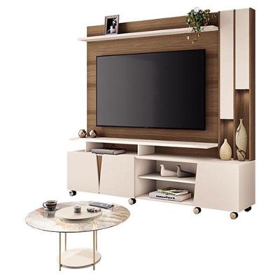 Estante Home Theater Virtus Castanho Off White Com Mesa De Centro Sky Com Tampo De Vidro Off White - Hb Móveis