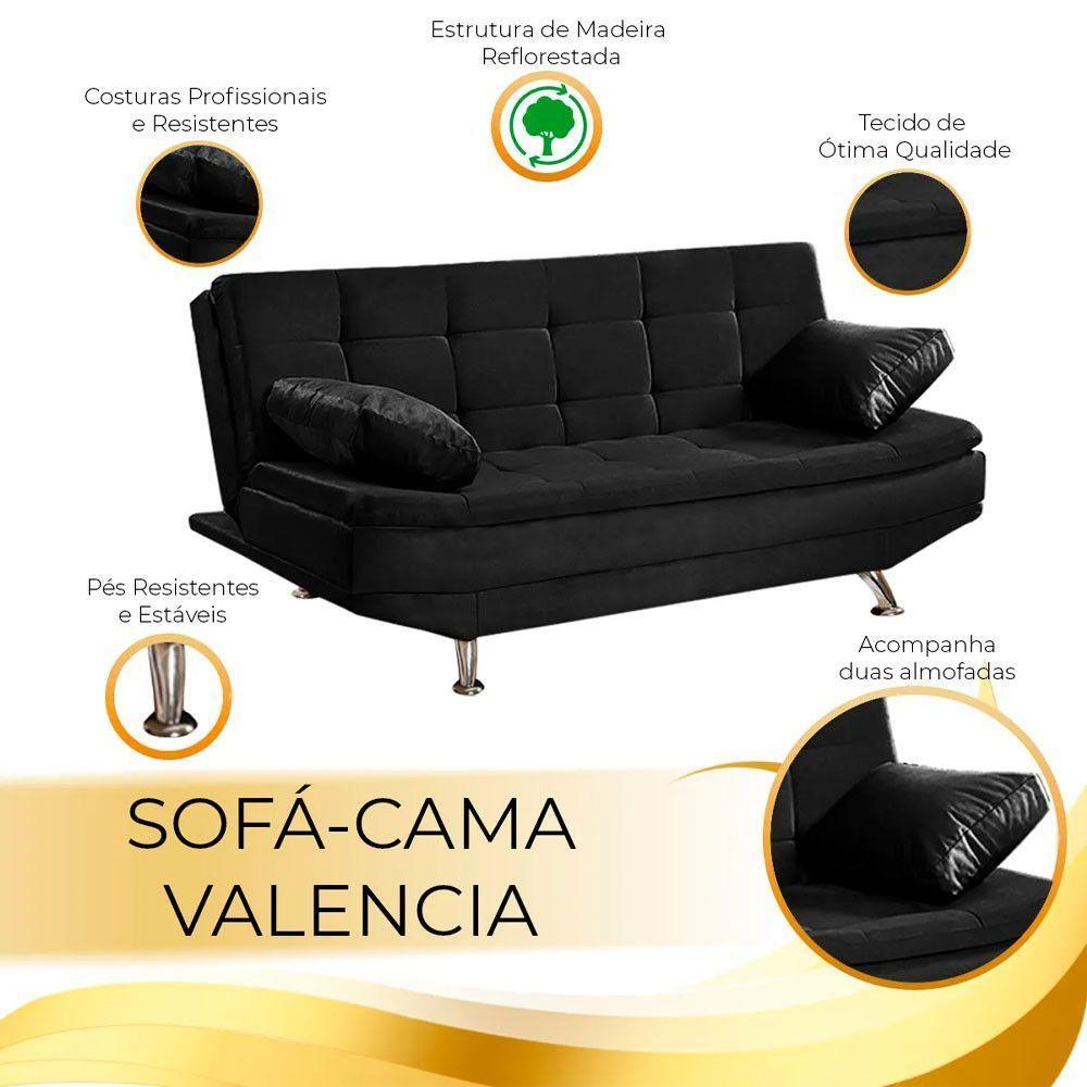 Sofá Cama Valencia 3 Lugares Reclinável Corano Preto - Speciale Home Preto - 8