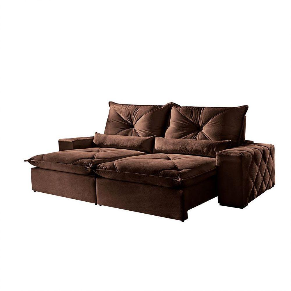 Sofá 4 Lugares Retrátil 2,50m Fusion Veludo Marrom Havana - Móveis Mix Marrom Burgues - 1