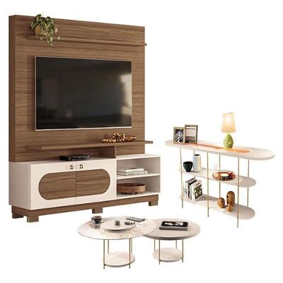 Estante Home Theater Axis Castanho Off White Com Kit Mesa De Centro Sky E Aparador Infinity Off White - Hb Móveis