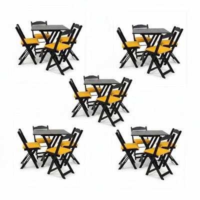 Kits 5 Conjuntos Dobráveis 70x70 5 Mesas 20 Cadeiras Preto Com Estofado Amarelo