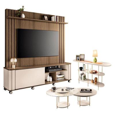 Estante Home Theater Trinus Castanho Off White Com Kit Mesa De Centro Sky E Aparador Infinity Off White - Hb Móveis