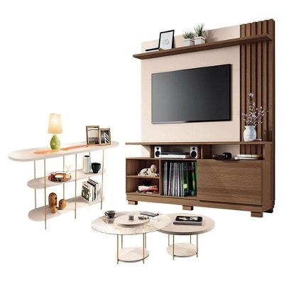 Estante Home Theater Artheo Castanho Off White Com Kit Mesa De Centro Sky E Aparador Infinity Off White - Hb Móveis