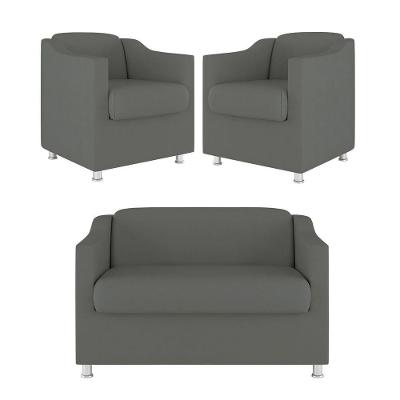 Kit Sofá Namoradeira + 02 Poltrona Tilla Recepção Sala Suede cinza