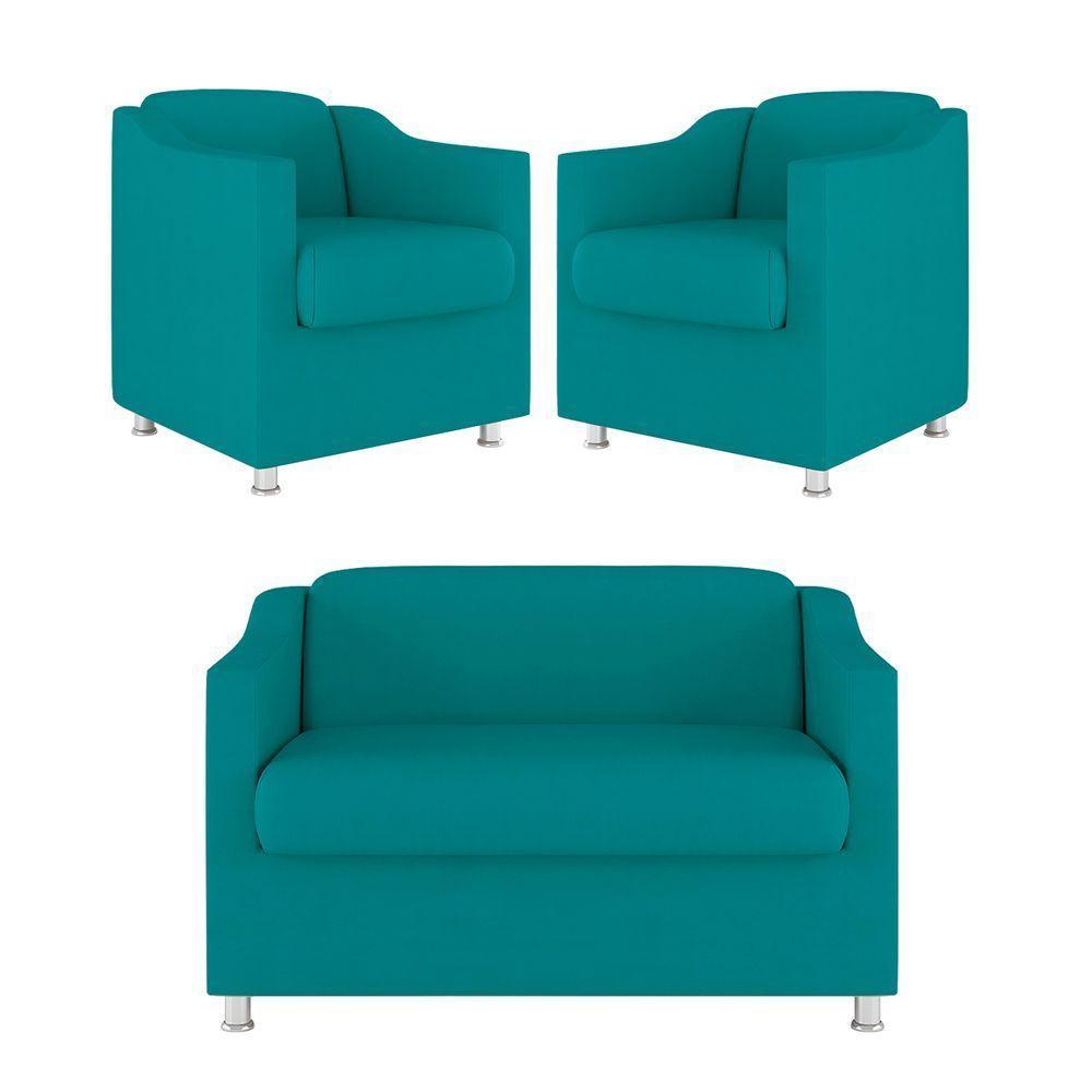 Kit Sofá Namoradeira + 02 Poltrona Tilla Recepção Sala Suede azul Turquesa - 1