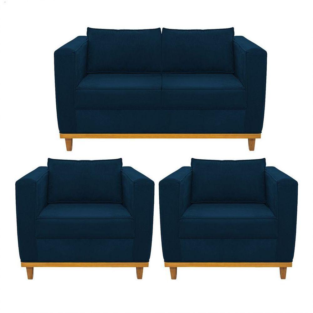 Kit Sofá 2 Lugares e 2 Poltronas Europa Suede Azul Marinho - 1