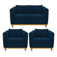 Kit Sofá 2 Lugares e 2 Poltronas Europa Suede Azul Marinho - 1