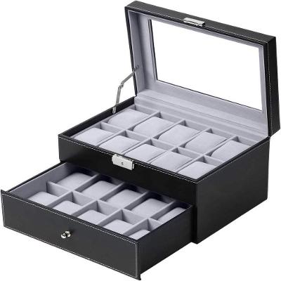 Maleta Dupla Para 20 Relogios Estojo Com Gaveta Caixa Porta Relogio Organizadora 2 Andares Em Madeira E Couro Com Visor