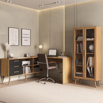 Kit 2 Peças Escrivaninha Em L E Armário Multiuso Com Vidro Glass Multimóveis Mp6049 Madeirado/preto