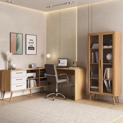 Kit 2 Peças Escrivaninha Em L E Armário Multiuso Com Vidro Glass Multimóveis Mp6049 Madeirado/branco