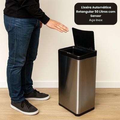 Lixeira Automática Retangular 50l Com Sensor Em Aço Inox