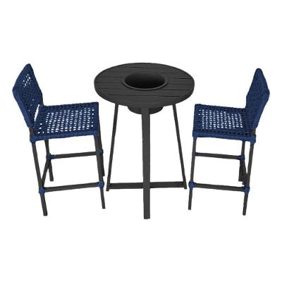 Conjunto Bistrô Champanheira Tampo Ripado E 2 Banquetas França Corda Náutica Azul Marinho