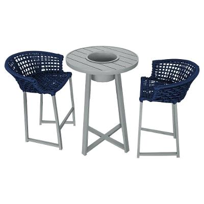 Conjunto Bistrô Champanheira Cinza Tampo Ripado E 2 Banquetas Reis Corda Náutica Azul Marinho